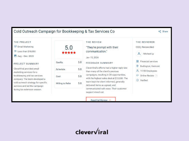 Testimonial for Cleverviral by Reconciled