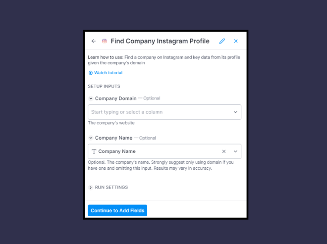 Setup the inputs to find company Instagram profiles using Clay. 
